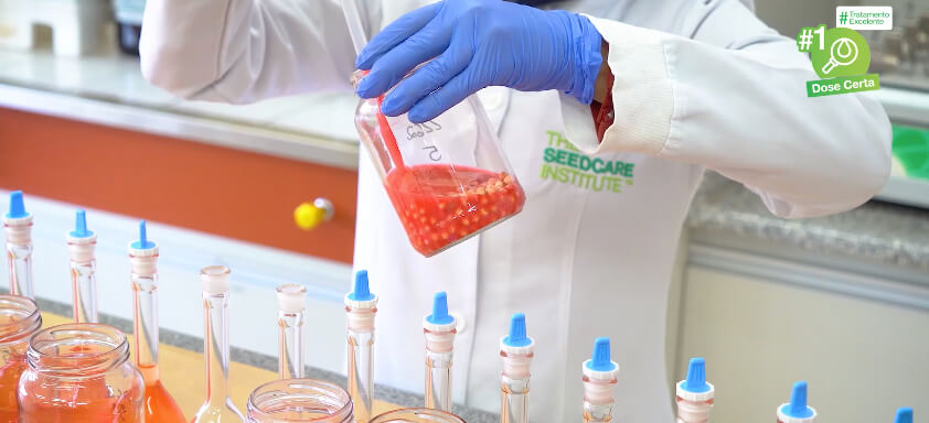 Pesquisador realizando teste em sementes em um laboratório