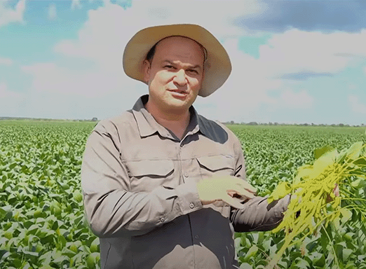 Lucas Navarini, com plantação de soja ao fundo